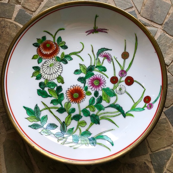 6427 Japanese Porcelain Decorative Bowl Hand Painted Horchow Brass Encased - Picture 2 of 13